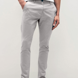 Mens Silver Grey chinos with front slanted pockets, jetted back pockets. zip fly fastening and brown horne buttons on the waistband and back pockets, the fit is a slim fit, this is worn with a white tee and white unbranded trainers