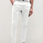 Mens white chinos with front slanted pockets, jetted back pockets. zip fly fastening and brown horne buttons on the waistband and back pockets, the fit is a slim fit, this is worn with a white tee and white unbranded trainers