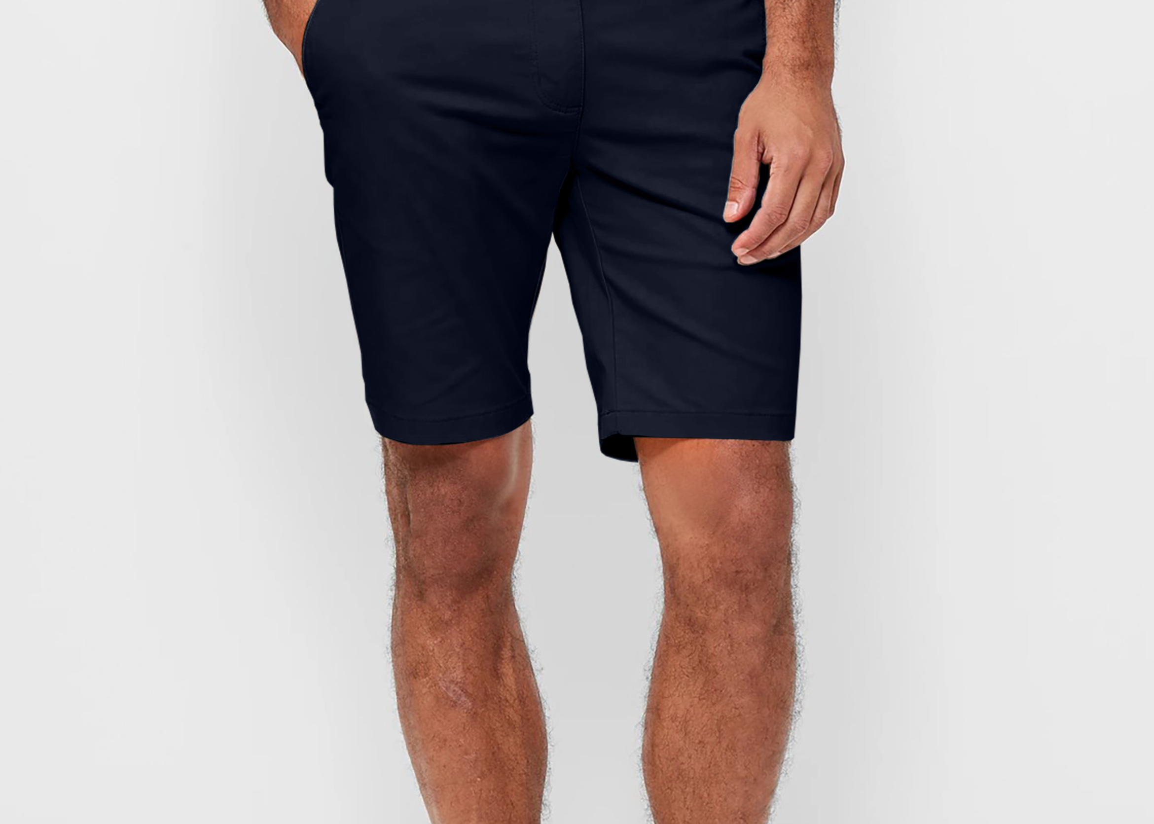 Mens Navy chinos shorts with front slanted pockets, jetted back pockets. zip fly fastening and brown horne buttons on the waistband and back pockets, the fit is a slim fit, this is worn with a white tee and white t-shirt