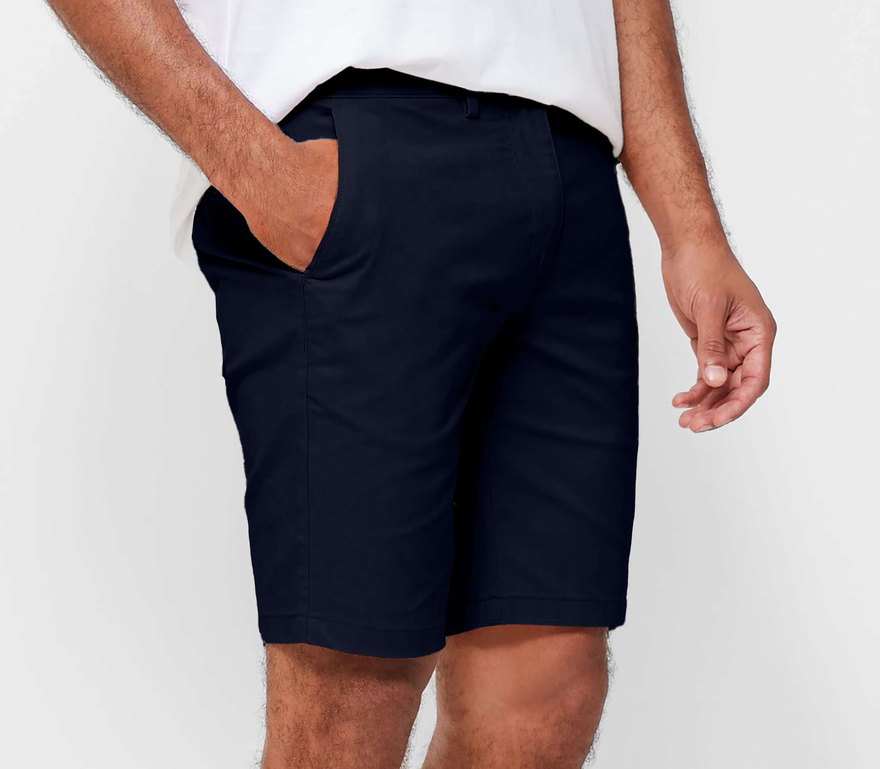 Mens Navy chinos shorts with front slanted pockets, jetted back pockets. zip fly fastening and brown horne buttons on the waistband and back pockets, the fit is a slim fit, this is worn with a white tee and white t-shirt