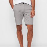 Mens Silver Grey chinos shorts with front slanted pockets, jetted back pockets. zip fly fastening and brown horne buttons on the waistband and back pockets, the fit is a slim fit, this is worn with a white tee and white t-shirt