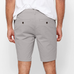 Mens Silver Grey chinos shorts with front slanted pockets, jetted back pockets. zip fly fastening and brown horne buttons on the waistband and back pockets, the fit is a slim fit, this is worn with a white tee and white t-shirt