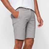 Mens Silver Grey chinos shorts with front slanted pockets, jetted back pockets. zip fly fastening and brown horne buttons on the waistband and back pockets, the fit is a slim fit, this is worn with a white tee and white t-shirt