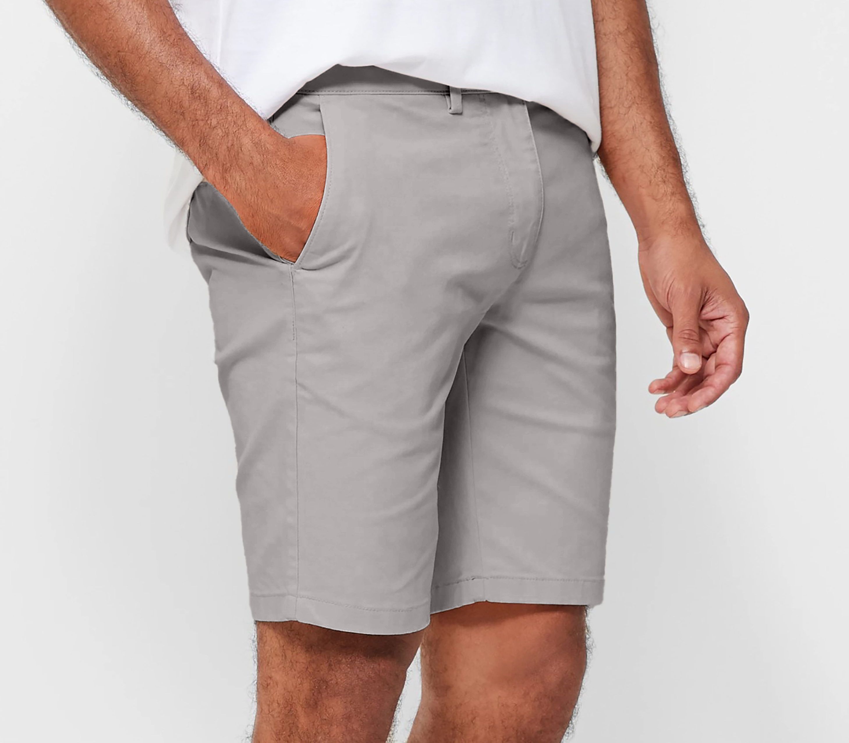 Mens Silver Grey chinos shorts with front slanted pockets, jetted back pockets. zip fly fastening and brown horne buttons on the waistband and back pockets, the fit is a slim fit, this is worn with a white tee and white t-shirt