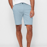 Mens Sky Blue chinos shorts with front slanted pockets, jetted back pockets. zip fly fastening and brown horne buttons on the waistband and back pockets, the fit is a slim fit, this is worn with a white tee and white t-shirt