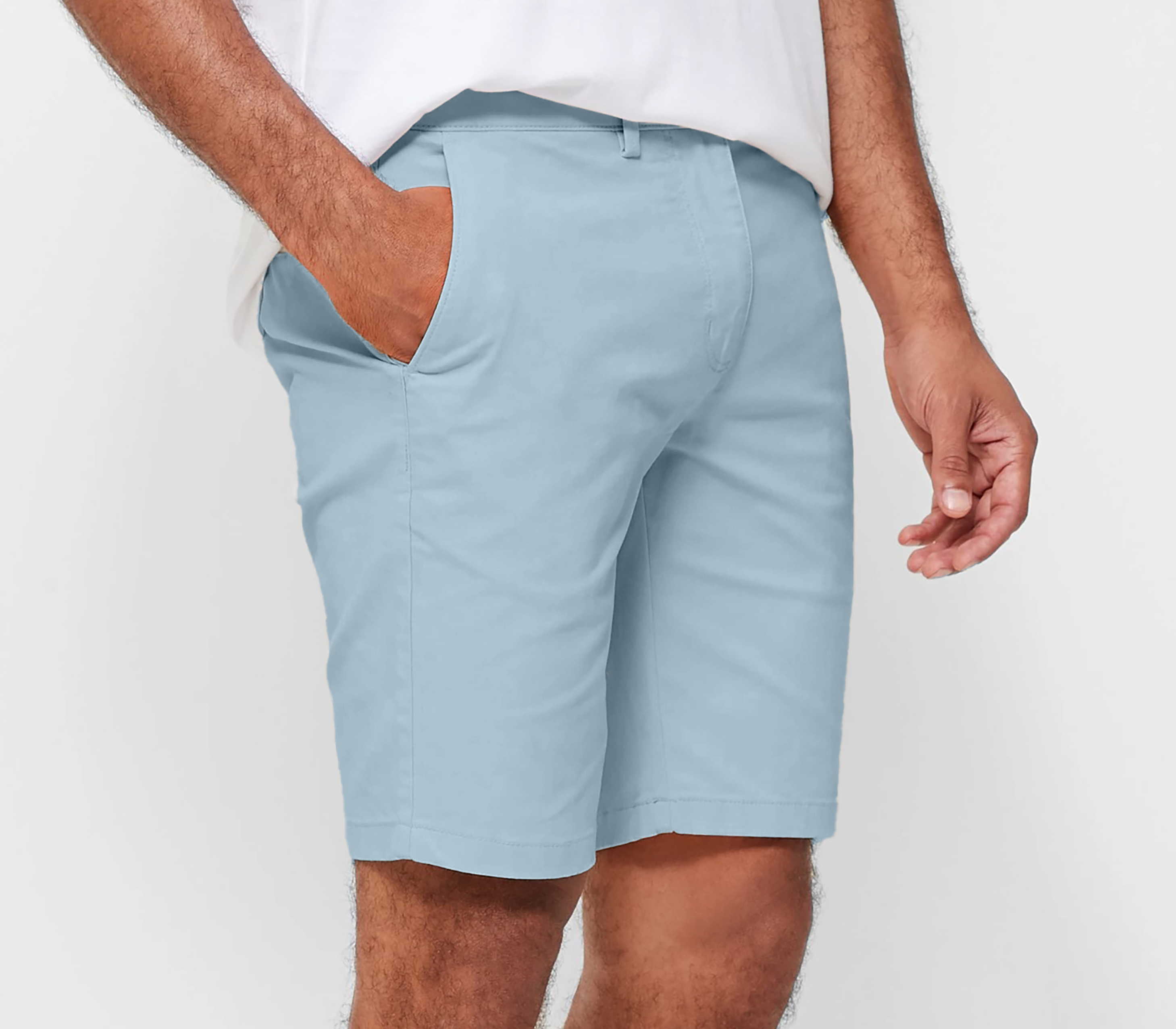 Mens Sky Blue chinos shorts with front slanted pockets, jetted back pockets. zip fly fastening and brown horne buttons on the waistband and back pockets, the fit is a slim fit, this is worn with a white tee and white t-shirt