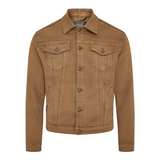 Pendle mens twill trucker jacket with comfort stretch in Dark Tan