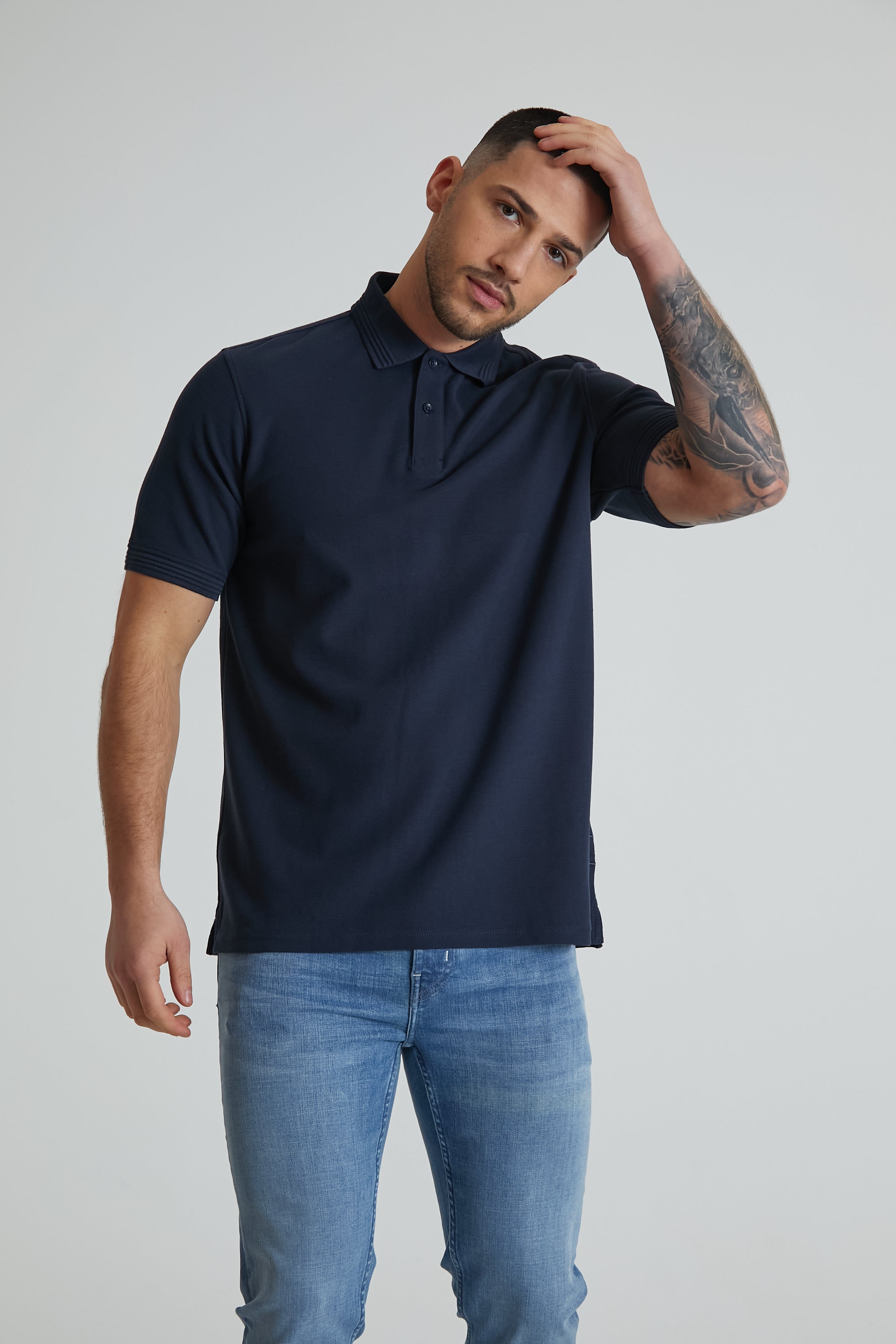 Navy polo with store jeans